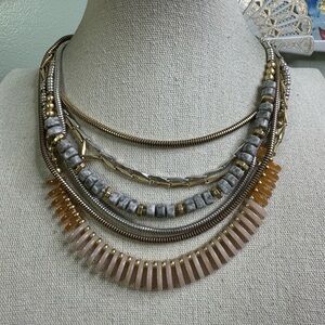 Stella & Dot Multi-Layered Necklace Gold and Gray Mixed Media Boho